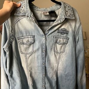 Harley Davidson Collared Denim Wash Long Sleeve Vintage